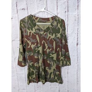 Norma Kamali Top Womens M Medium Camouflage 100% Organic‎ Cotton 3/4 Sleeve